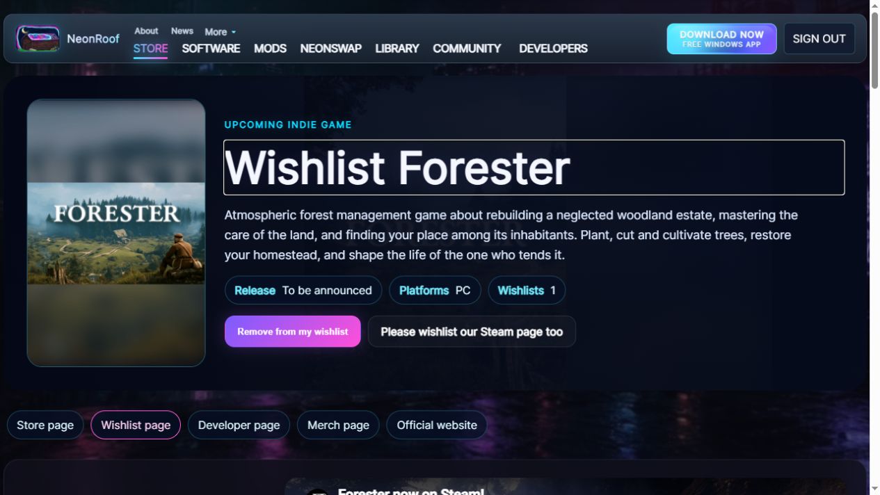 Forester's real NeonRoof wishlist page presents the game, release status, developer links and separate NeonRoof and Steam actions