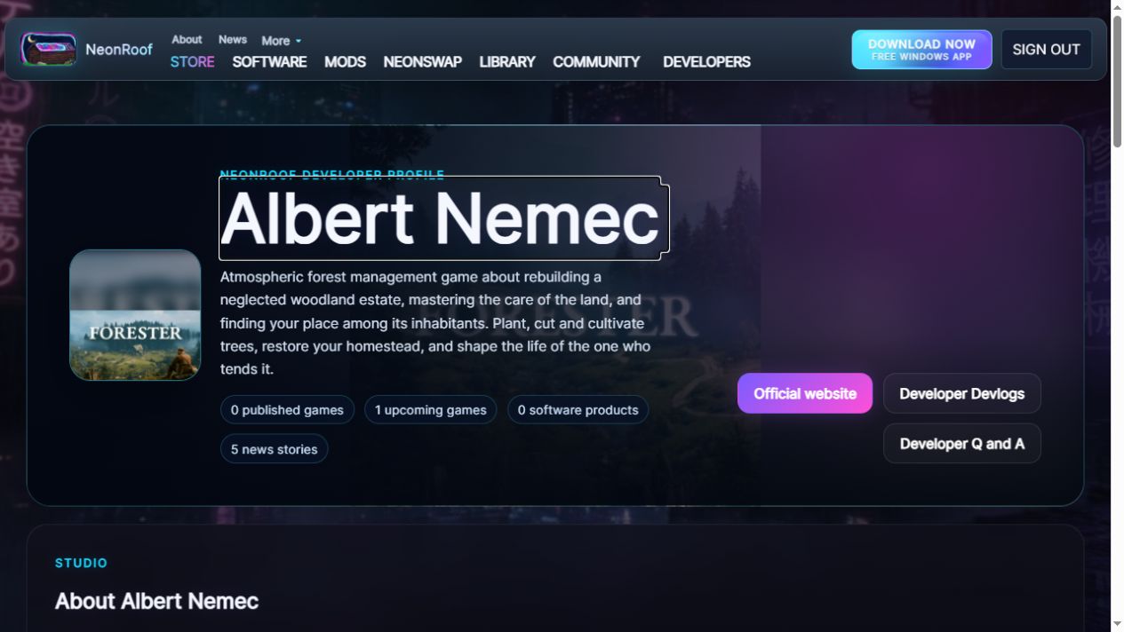 Albert Nemec's actual NeonRoof developer profile connects his public identity with Forester and official project information
