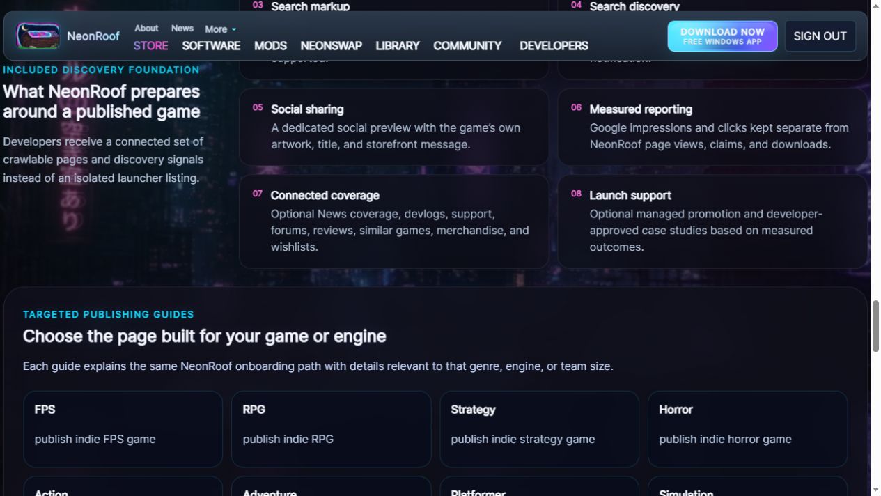 NeonRoof's actual developer guide describes canonical game pages, search markup, social previews and connected coverage