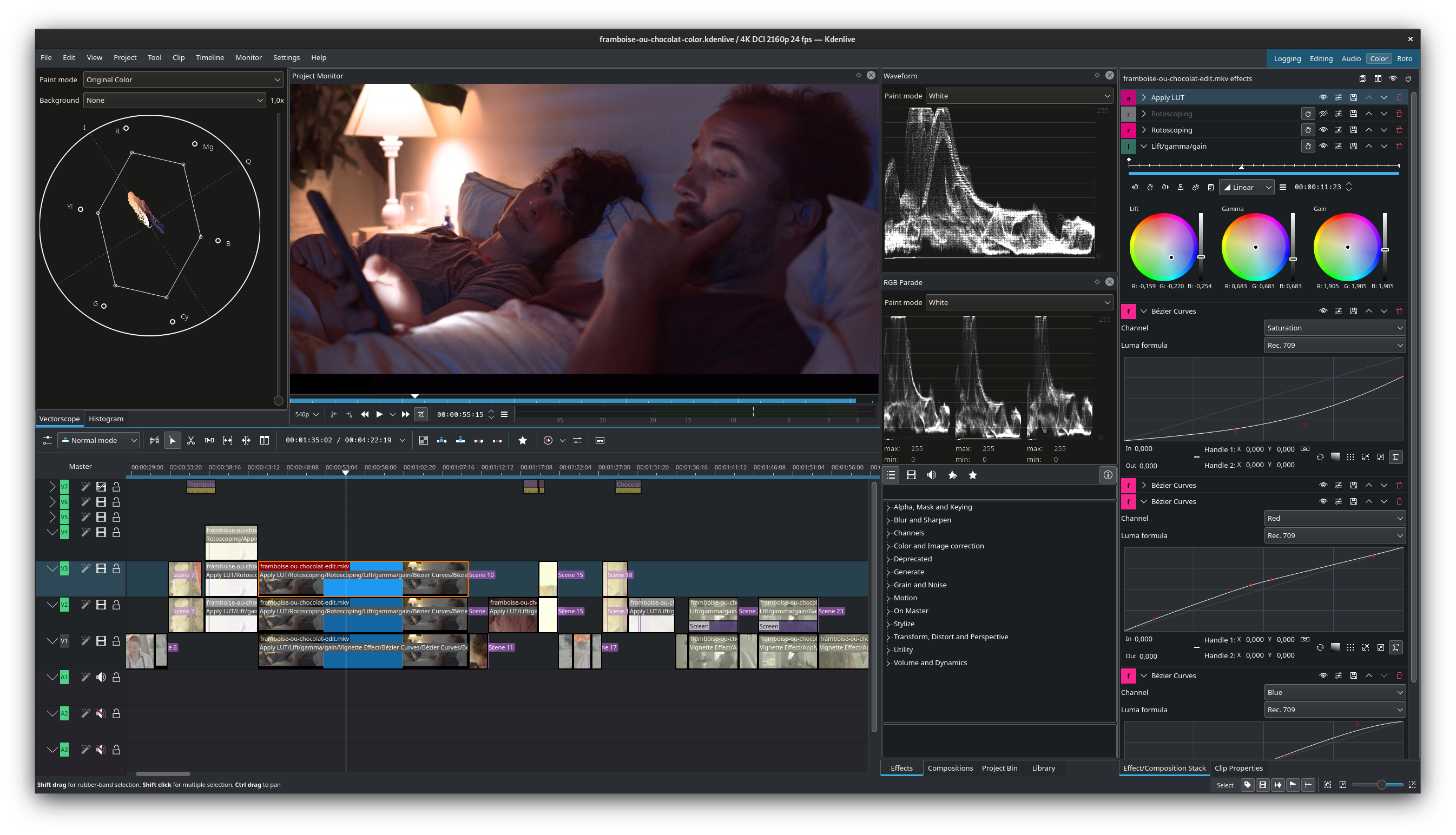 Kdenlive editing workspace with source media, preview monitor and multitrack timeline