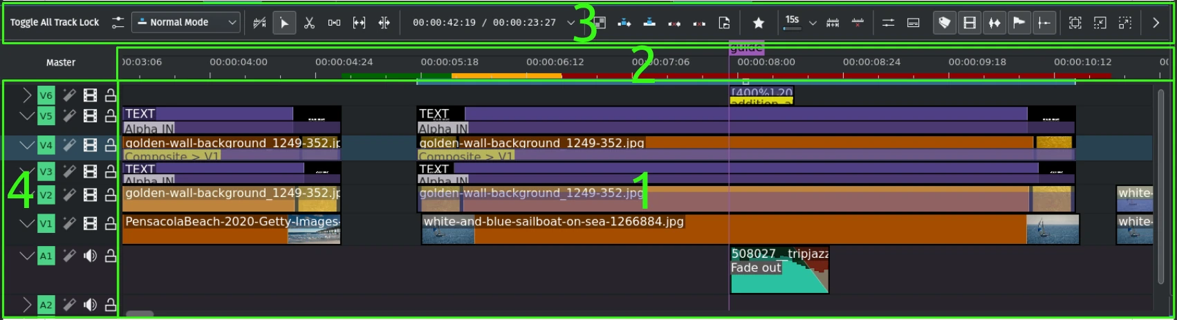 Timeline editing controls from the official Kdenlive manual; interface may show an earlier release