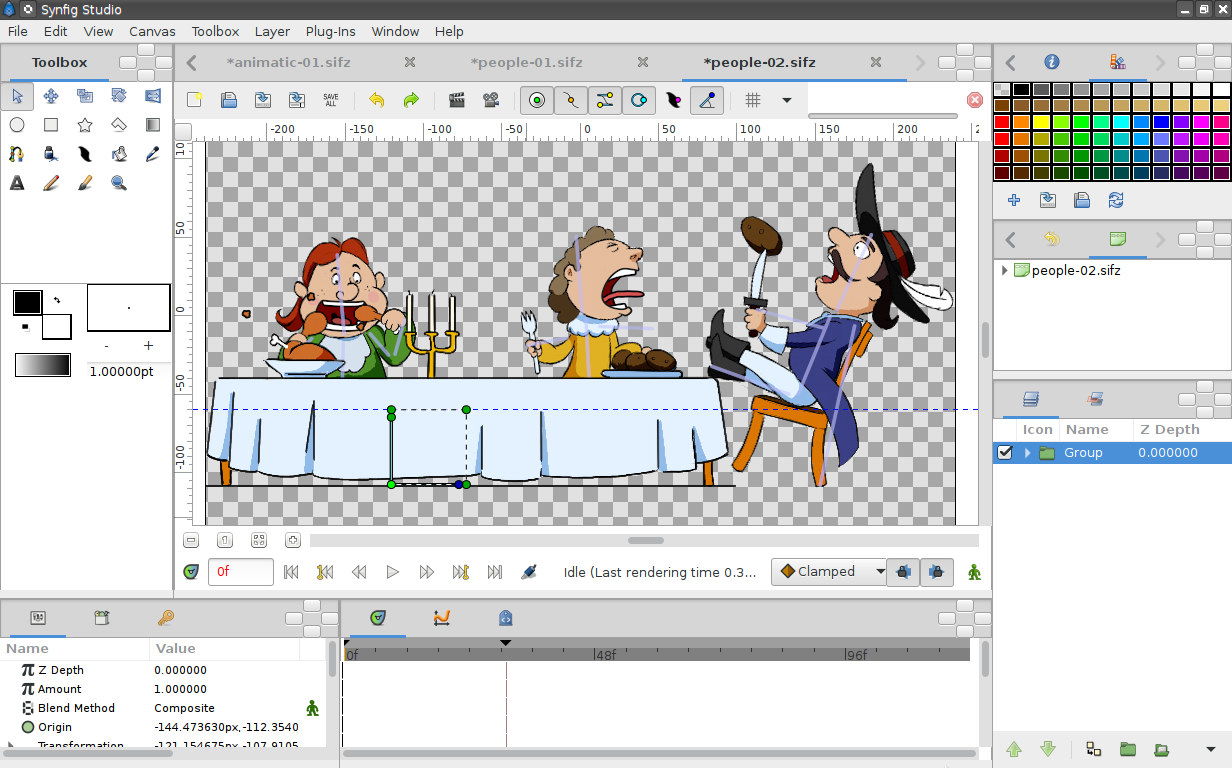 Synfig Studio animation workspace example 7; historical official screenshot