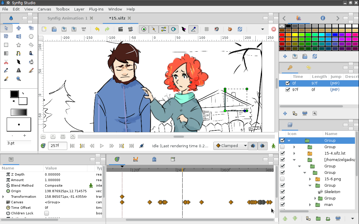 Synfig Studio animation workspace example 1; historical official screenshot