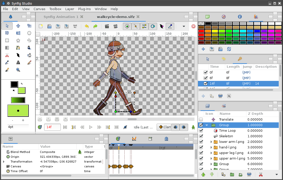 Synfig Studio animation workspace example 10; historical official screenshot
