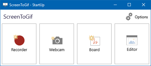 ScreenToGif startup choices for recording and editing; official documentation image may show an earlier interface