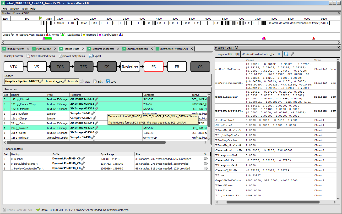 RenderDoc pixel-history and shader-debugging interface from the official showcase; interface may depict an earlier version