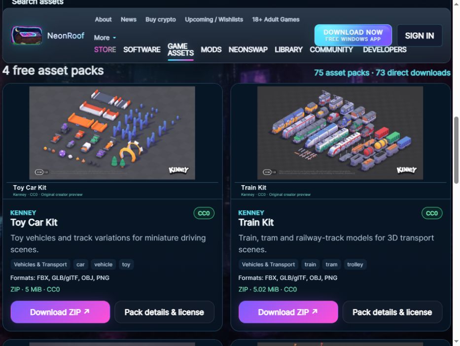 NeonRoof’s real asset directory, filtered to vehicle packs. The header records 75 packs and 73 direct downloads on October 27, 2026. Artwork by the named creators.