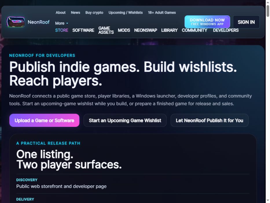 NeonRoof’s actual developer publishing overview, connecting wishlists, the public store and Windows catalog. Captured October 27, 2026.