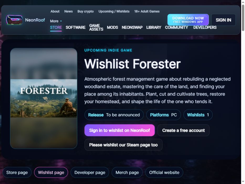 Forester’s real NeonRoof wishlist page, captured October 27, 2026. Artwork supplied for the game; visible counters describe this capture, not a promised campaign outcome.
