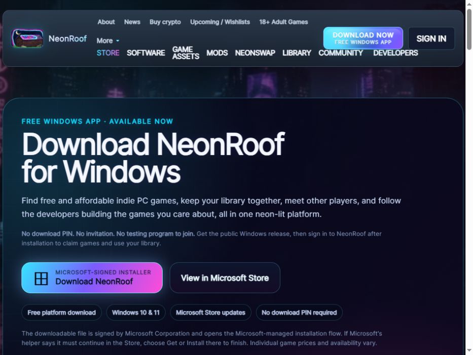The public NeonRoof for Windows download page, captured October 27, 2026. This is the download page rather than a screenshot of the running desktop application.