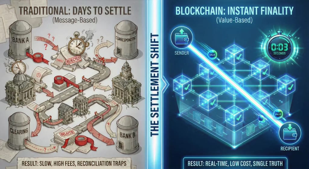 Illustration comparing traditional banking settlement and blockchain settlement. Left side shows a complex, paper-heavy process with multiple banks, clearing houses, delays, rejections, and question marks, labeled “Traditional: Days to Settle,” highlighting slow settlement, high fees, and reconciliation issues. Right side shows a clean, digital blockchain network with sender and recipient connected through verified blocks, instant confirmation in seconds, labeled “Blockchain: Instant Finality,” emphasizing real-time settlement, low cost, and a single source of truth.