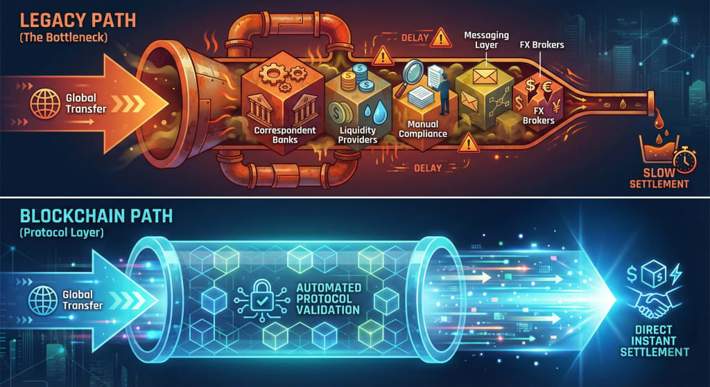 Split illustration comparing legacy financial settlement with blockchain settlement. The top section, labeled “Legacy Path (The Bottleneck),” shows a global transfer moving through clogged pipes representing correspondent banks, liquidity providers, manual compliance, messaging layers, and FX brokers, with warning icons, delays, and slow settlement. The bottom section, labeled “Blockchain Path (Protocol Layer),” shows a streamlined digital tunnel with automated protocol validation and block-based verification, enabling direct, instant settlement for global transfers.