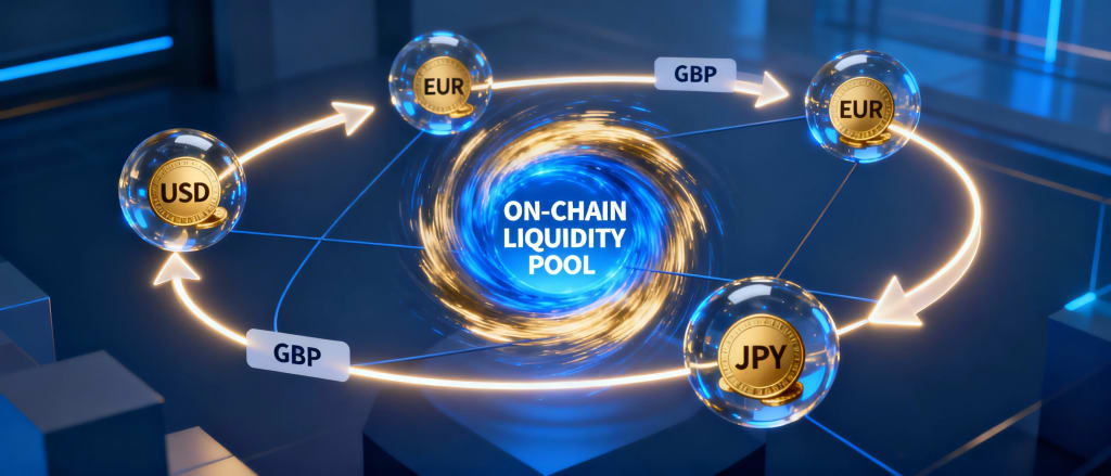 Illustration of an on-chain liquidity pool for integrated FX. A central glowing core represents atomic swaps, surrounded by orbiting tokenized currencies like USD, EUR, and GBP. The graphic visualizes how decentralized liquidity pools enable real-time currency conversion without the need for pre-funded accounts or manual batching.