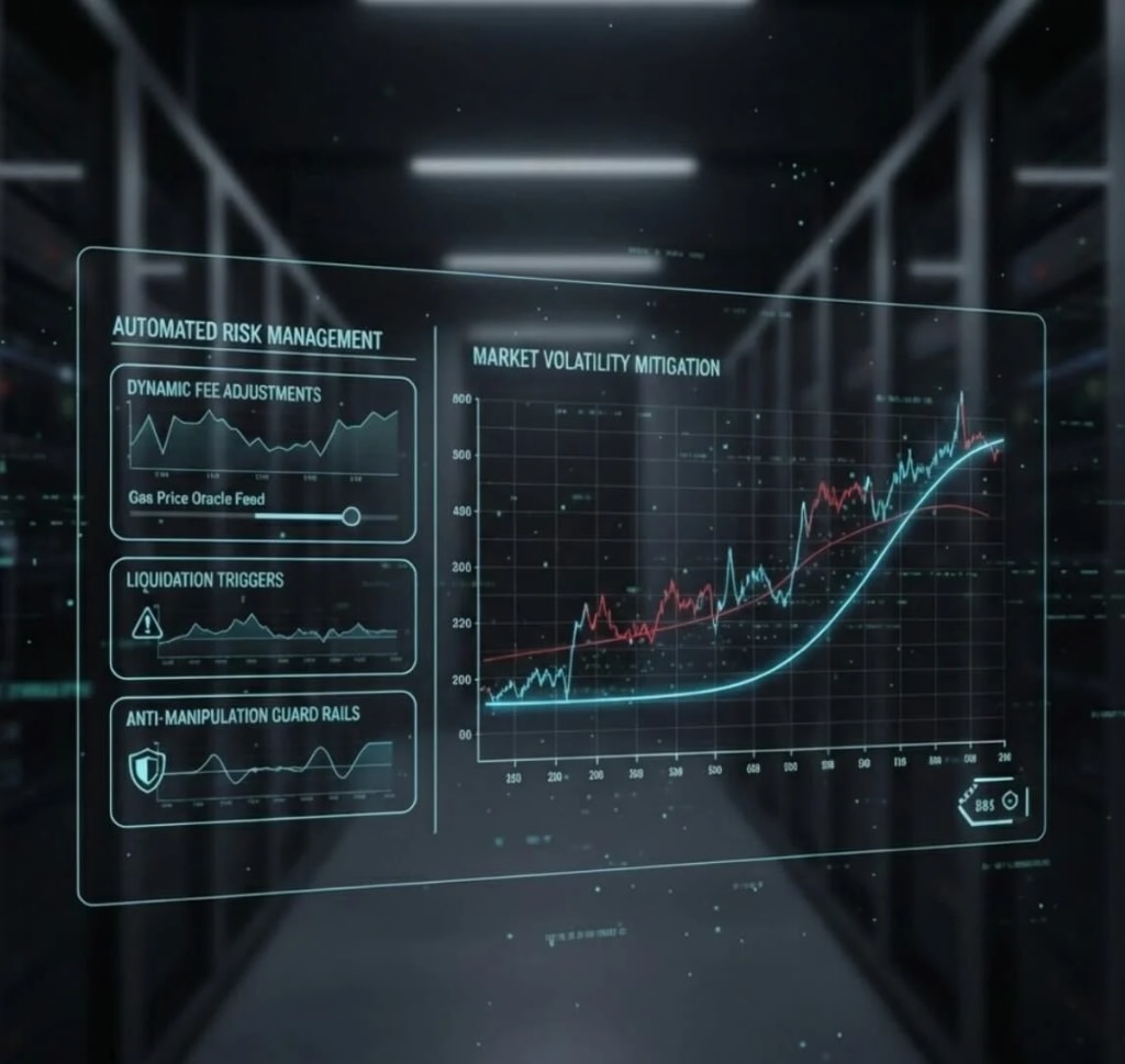 Futuristic analytics dashboard showing automated risk management for blockchain and DeFi systems, with real-time market volatility charts, dynamic fee adjustments, liquidation triggers, gas price oracle data, and anti-manipulation guardrails visualized in a secure digital blockchain environment.