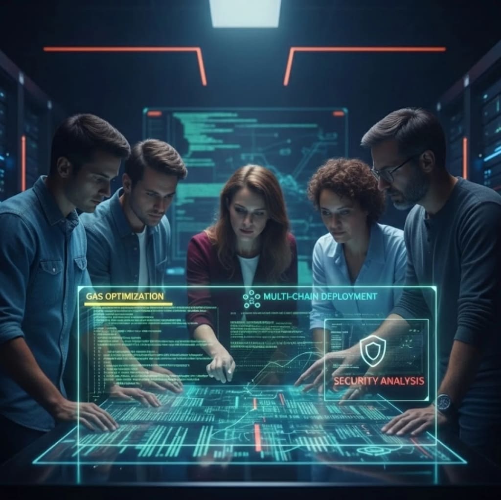 Team of blockchain developers collaborating in a high-tech environment, analyzing smart contract code on a holographic interface. The scene highlights gas optimization, multi-chain deployment, and security analysis, representing professional Web3 development, auditing, and performance optimization workflows.