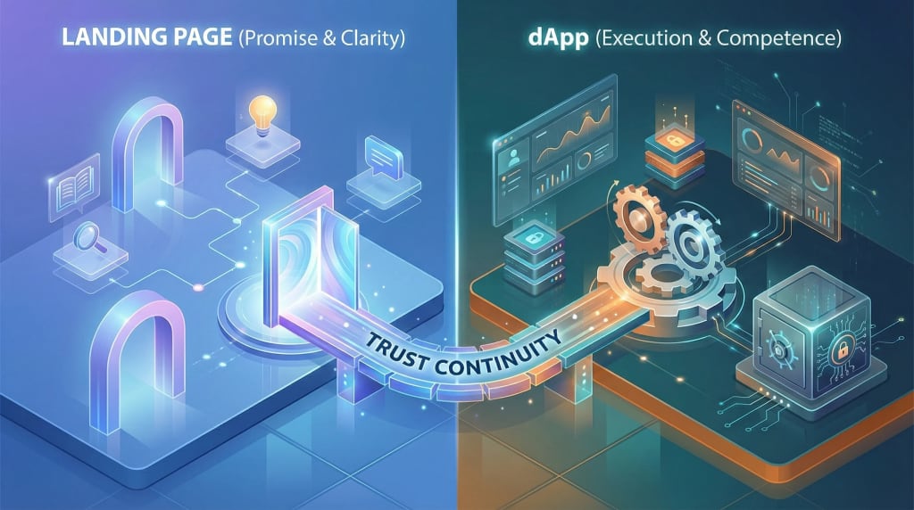 Illustration showing the continuous Web3 user journey, connecting a marketing landing page on the left to a functional decentralized application (dApp) on the right via a bridge representing user trust.