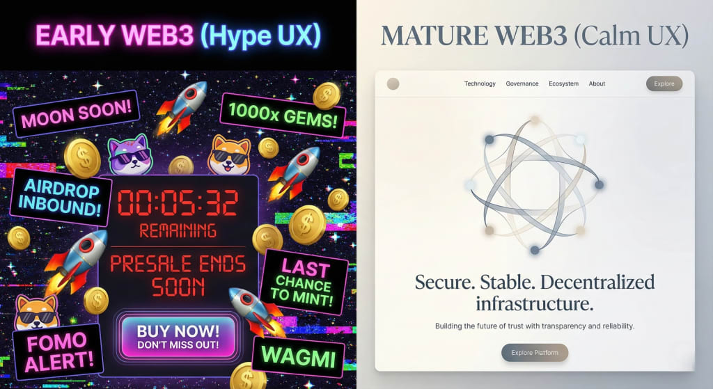 Comparison graphic contrasting early, hype-driven Web3 design featuring cluttered neon graphics and aggressive marketing with mature, calm Web3 UX design characterized by minimalism, clear typography, and professional stability.