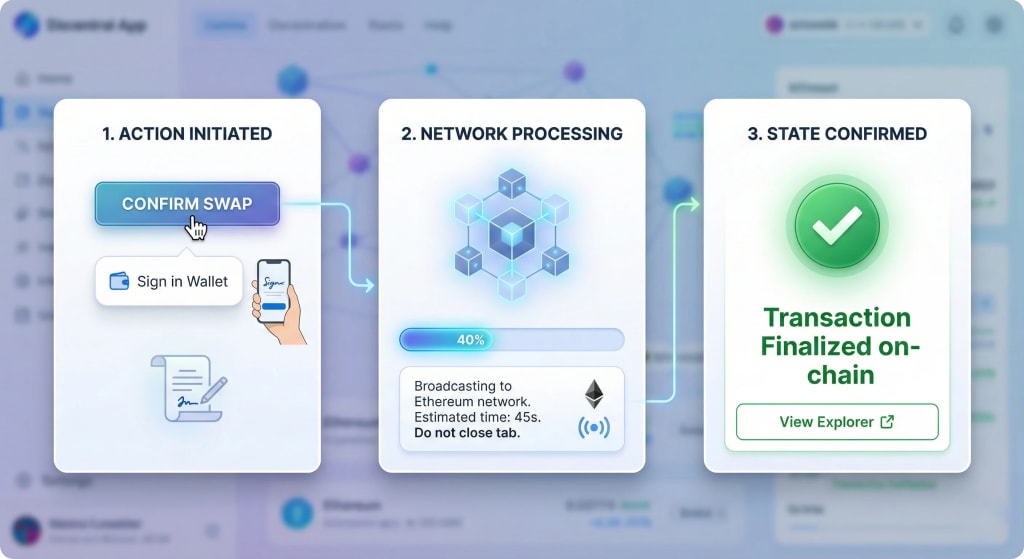 Three-panel Web3 UI flow demonstrating state-aware user experience, showing clear visual feedback for transaction initiation, network processing status with time estimates, and final on-chain confirmation.
