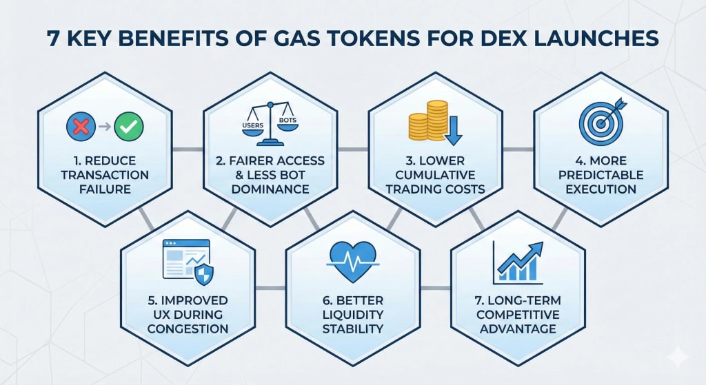 Infographic listing the seven key benefits of using gas tokens during high-volume decentralized exchange launches, including reduced failures, lower costs, and predictable execution.