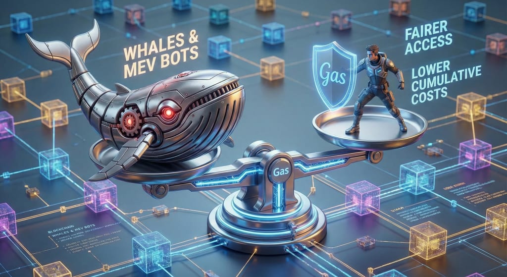 3D illustration of a digital scale where a small trader using gas optimization tools successfully balances the playing field against large whales and bots on decentralized exchanges.