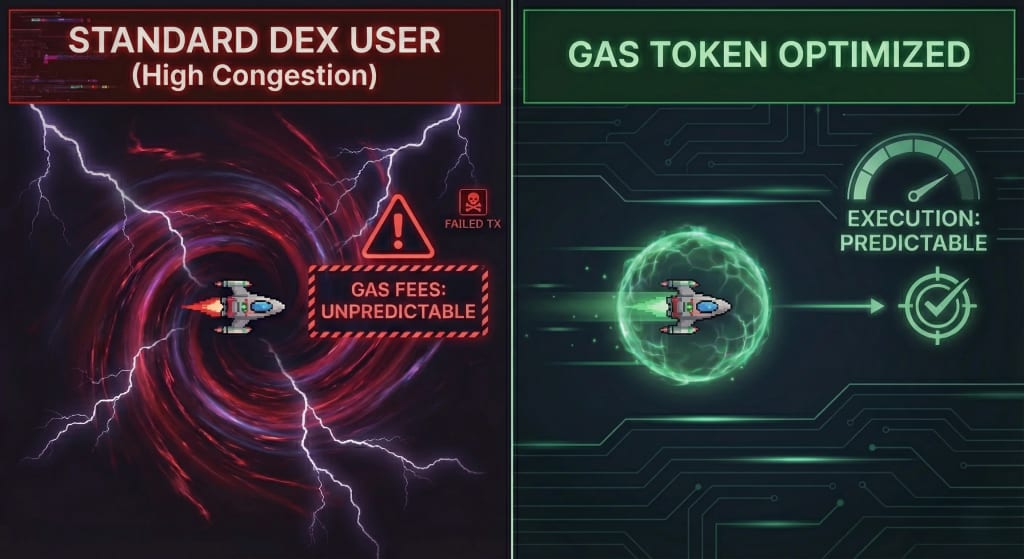 Split-screen comparison graphic showing the chaotic, failed transactions of a standard DEX user during congestion versus the predictable, smooth execution of a user utilizing gas optimization.