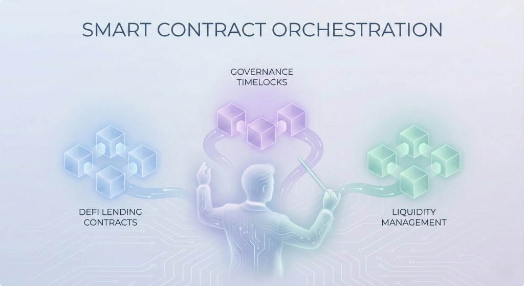 Illustration of smart contract orchestration, showing an autonomous agent acting as a conductor directing various onchain protocols like DeFi lending, governance, and liquidity management.