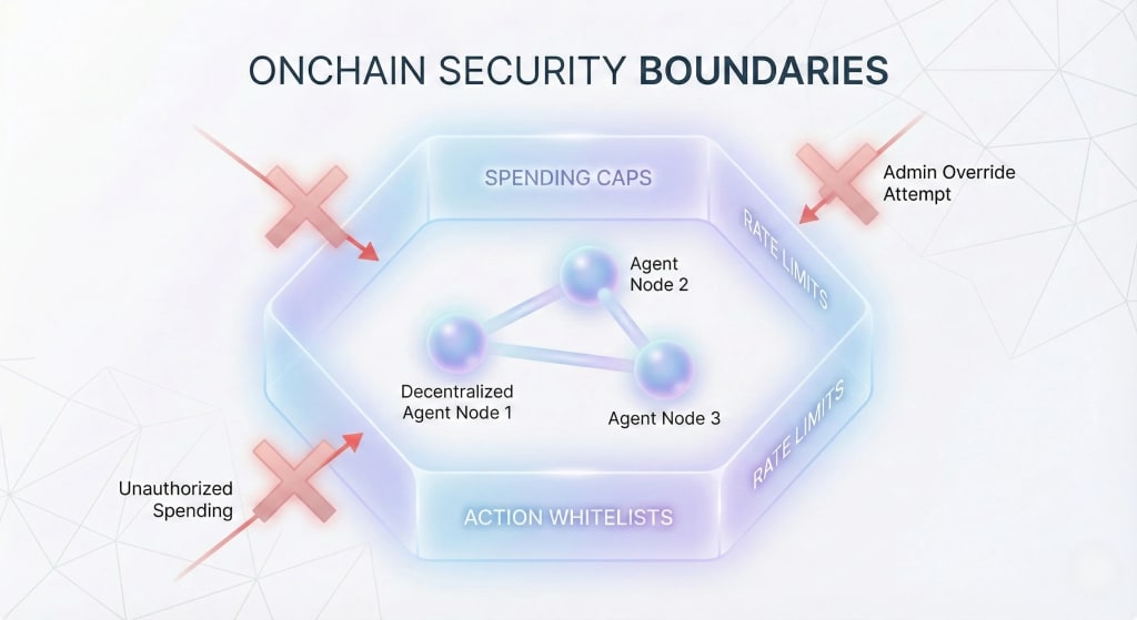 Diagram of decentralized agent infrastructure showing multiple independent nodes operating within strict onchain security boundaries like spending caps, rate limit and whitelists to prevent unauthorized actions.