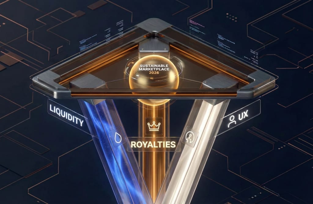 3D illustration showing a modern NFT marketplace supported by three balanced pillars representing Liquidity, Creator Royalties, and User Experience (UX) intersecting to form a sustainable ecosystem.