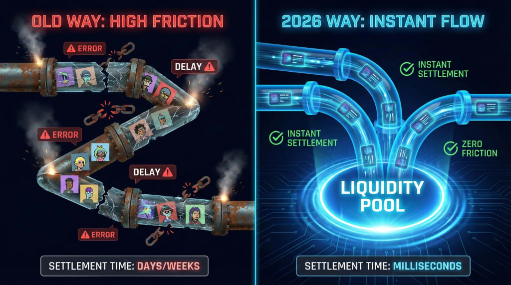 Infographic comparison showing high-friction, traditional NFT trading versus modern, low-friction liquidity pools that ensure instant settlement and smooth asset flow.