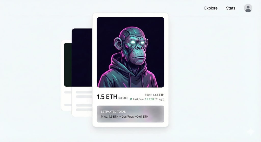 NFT marketplace UI card example demonstrating clear pricing context, showing price history, floor comparison, and transparent transaction fees before checkout.