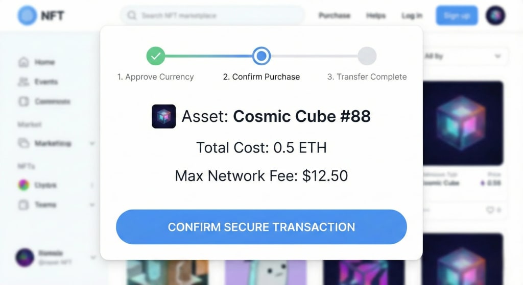User interface design showing a low-anxiety NFT transaction flow with clear progress steps, transparent cost estimates and reassuring confirmation prompts.