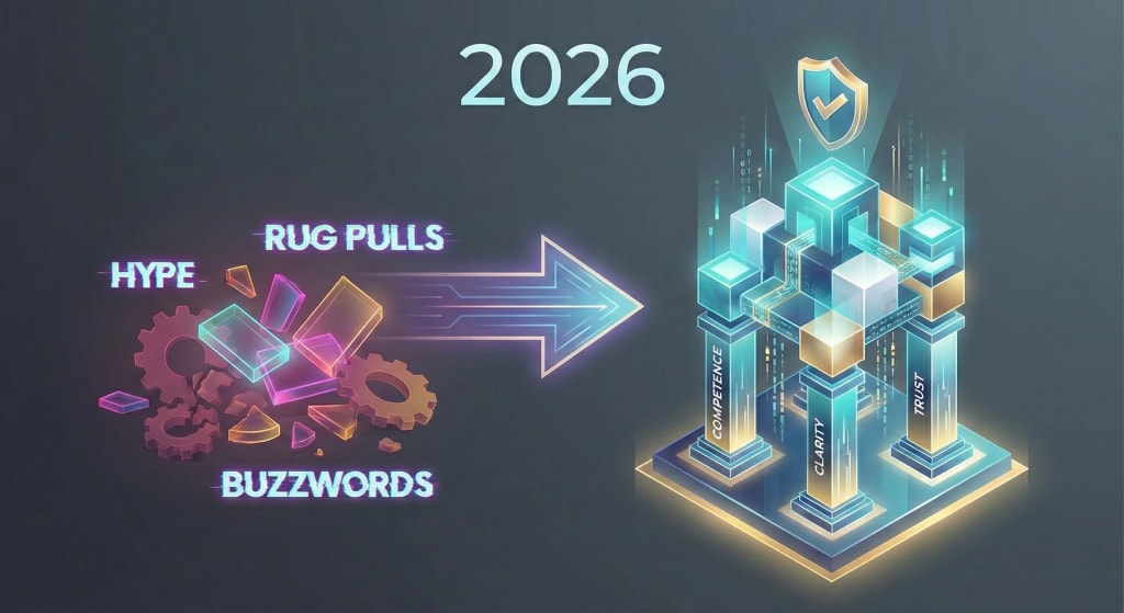 Infographic illustrating the maturity shift in Web3 by 2026, showing a transition from chaotic hype and buzzwords to competence, clarity, and trustworthy user experiences.