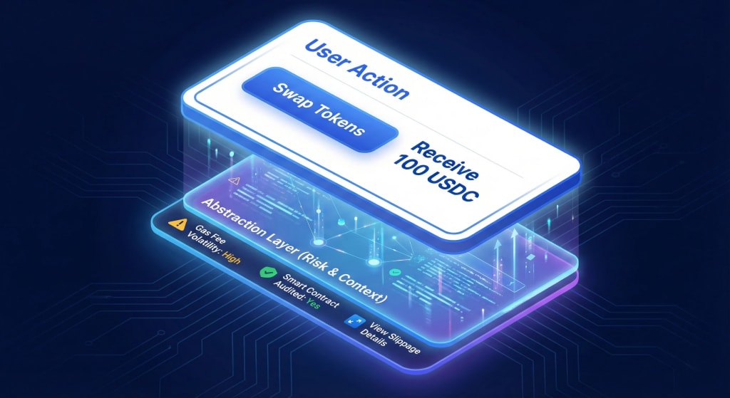 An isometric visualization of a layered Web3 interface, demonstrating how high-impact sites abstract complexity on the surface while making risk context and technical details accessible in subsidiary layers.