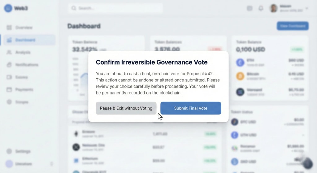 A Web3 UI modal window example showing respect for user autonomy. It features equal prominence for the "exit" and "confirm" actions during a high-stakes irreversible decision, avoiding manipulative design patterns.