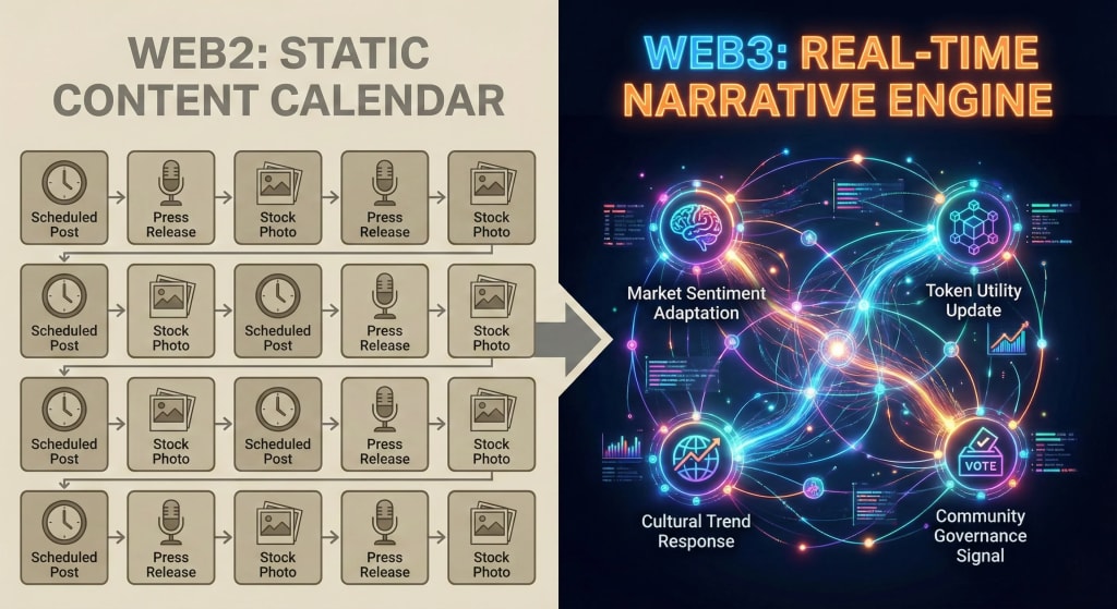 Infographic comparing static Web2 content calendars with dynamic Web3 narrative engines that adapt to real-time crypto market trends.