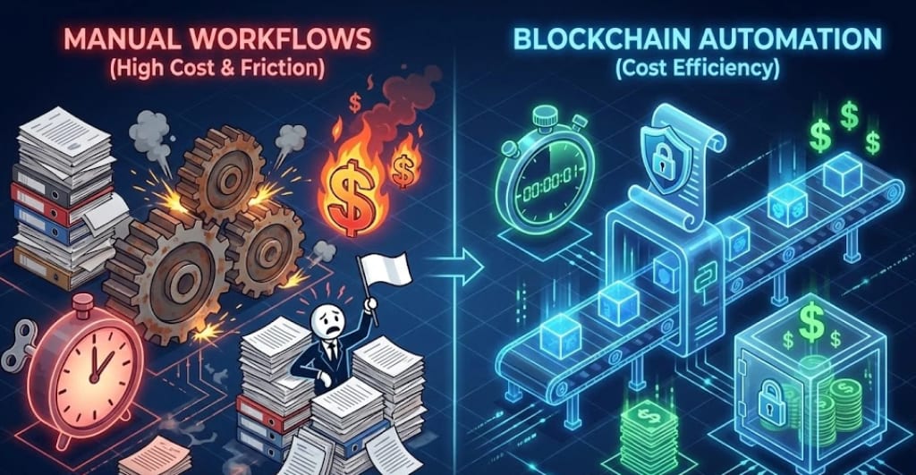 Isometric infographic comparing slow, expensive manual enterprise workflows with fast, cost-saving automated blockchain workflows.