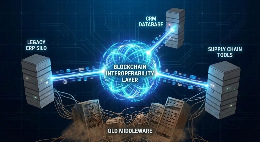 Futuristic visualization of a central blockchain layer integrating disparate enterprise systems like ERP, CRM, and legacy databases to reduce integration costs.