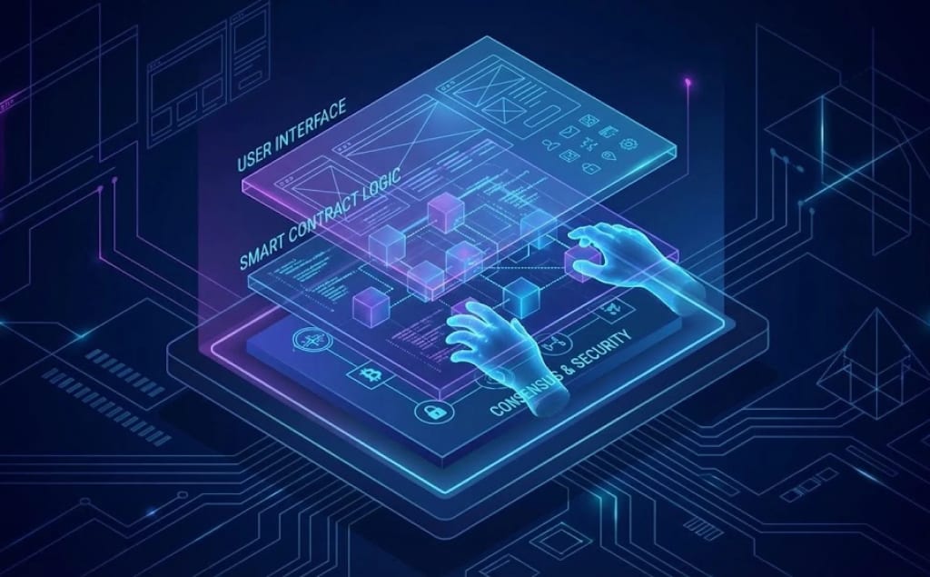 Isometric holographic blueprint showing the layers of a blockchain system, visualizing the need for consultants who provide structural engineering rather than just documentation.