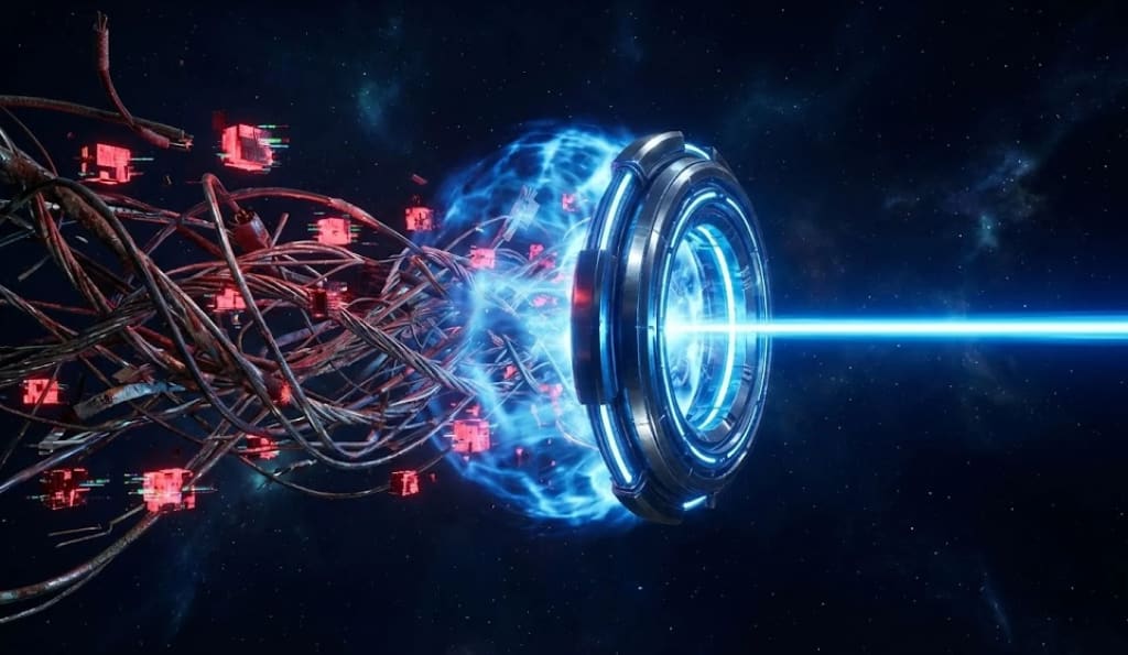 Abstract 3D illustration showing a high-tech filter transforming chaotic, complex data into a streamlined, simple beam of light, representing how blockchain consulting reduces risk and complexity.