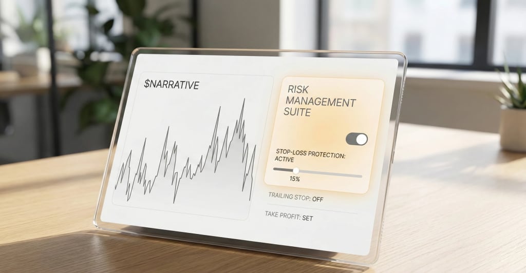 Minimalist professional crypto trading interface on a transparent device, clearly demonstrating active stop-loss protection and risk management tools for memecoin trading.