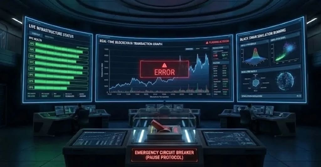 Futuristic security operations room monitoring a blockchain protocol in real time, with dashboards showing infrastructure health, live transaction graphs, anomaly alerts, and black swan simulations. An emergency circuit breaker control is highlighted, representing pause mechanisms used to stop protocol activity during critical security incidents.