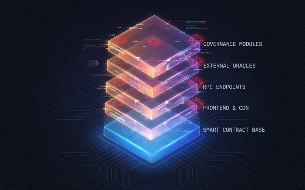 Layered blockchain architecture diagram showing a smart contract base at the foundation, connected to frontend and CDN, RPC endpoints, external oracles, and governance modules, illustrating the full infrastructure stack of a modern decentralized application.