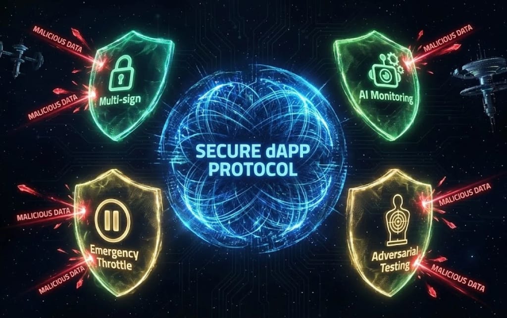 Security-focused visualization of a secure dApp protocol protected by multiple defense layers, including multi-signature controls, AI monitoring, emergency throttling, and adversarial testing. Shields block malicious data from reaching the core decentralized application.