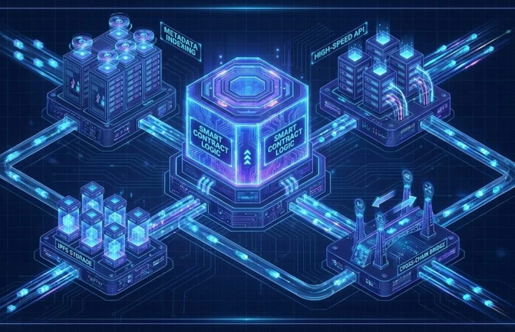 Isometric illustration of a scalable NFT marketplace backend architecture, showing smart contract logic connected to metadata indexing, API layers, and cross-chain bridges.