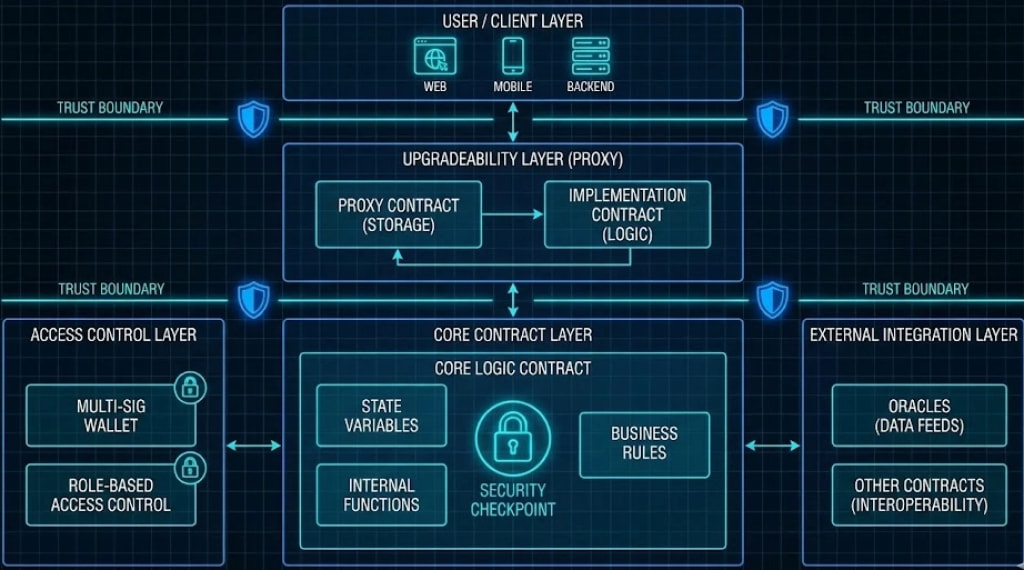 Architectural blueprint of a secure smart contract system, detailing core logic, access control, external integrations, and upgradeability patterns for robust blockchain security. Optimized for: smart contract architecture, blockchain security design, secure contract blueprint, smart contract vulnerabilities.