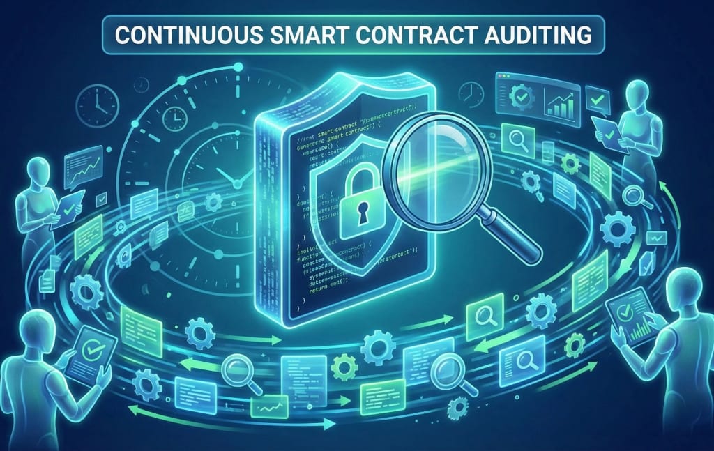 Visual metaphor for continuous smart contract auditing, showing ongoing security checks and vigilant monitoring for evolving blockchain protocols. Optimized for: continuous smart contract audit, blockchain security monitoring, post-deployment security, smart contract audit cost.