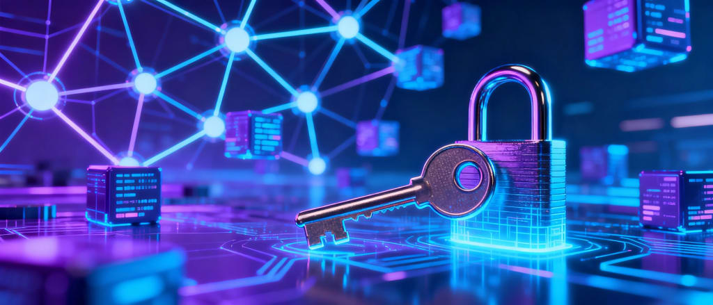Abstract blockchain security visual showing a digital padlock and key on a glowing circuit board, surrounded by interconnected nodes and data blocks, representing cryptographic security, smart contract protection, and secure access control in decentralized networks.