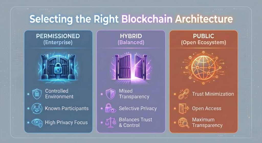 Comparison infographic outlining the key features of Permissioned, Hybrid, and Public blockchain architectures, focusing on access control, participant visibility, and privacy levels.
