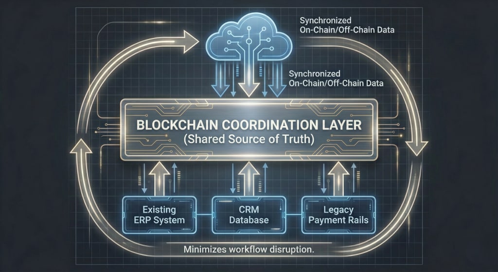 Technical diagram illustrating blockchain functioning as a central coordination layer that integrates and synchronizes data between existing ERP, CRM, and payment systems without replacing them.