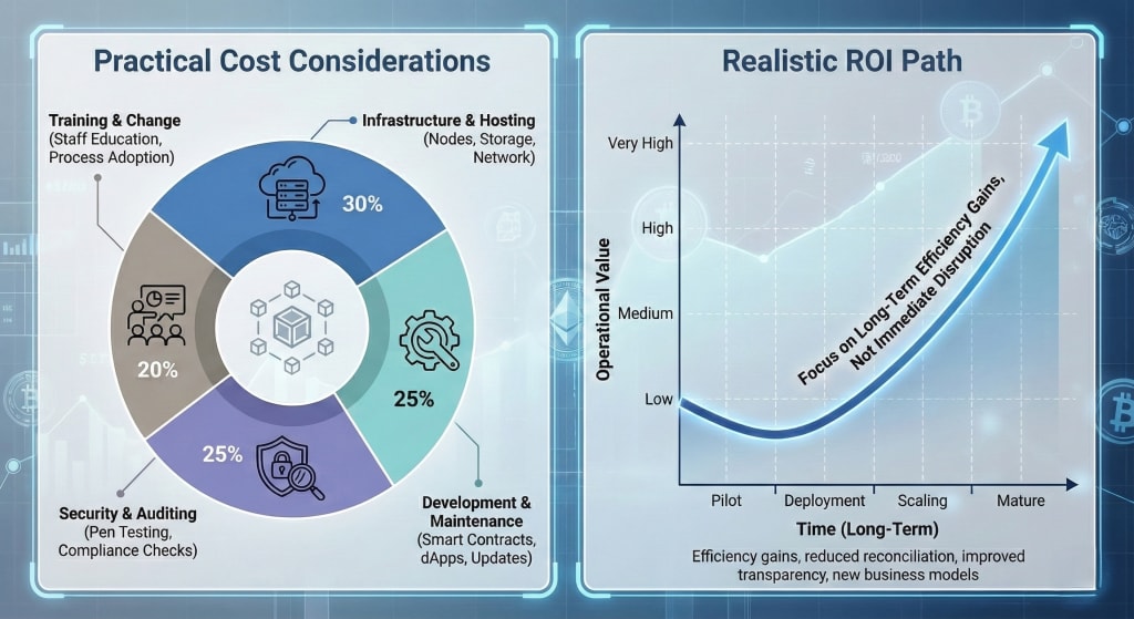 Infographic detailing practical operational cost considerations for blockchain implementation alongside a graph emphasizing that realistic ROI comes from long-term efficiency gains rather than short-term results.